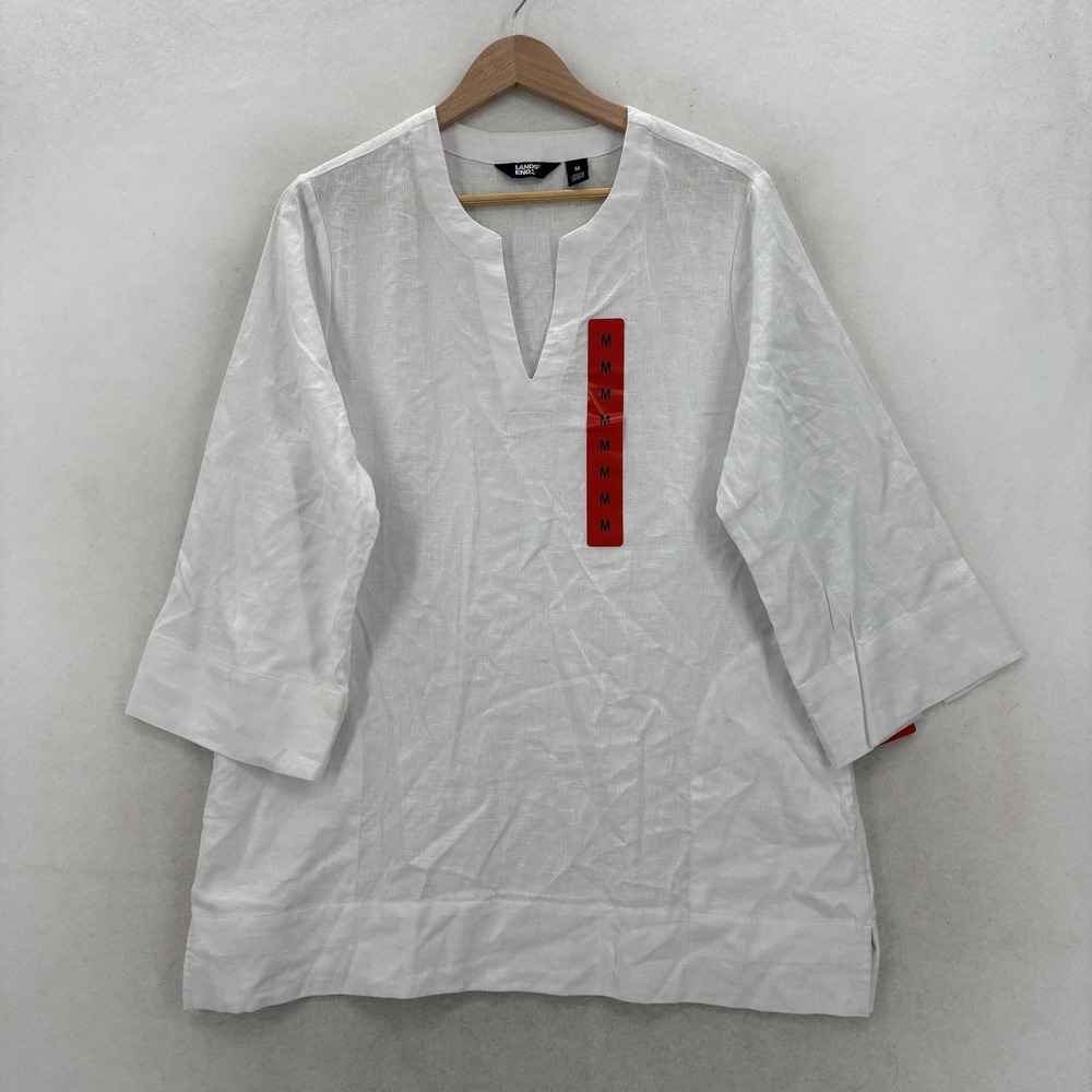 Lands End Blouse Womens Medium White Linen Split Neck 3/4 Sleeve Tunic Top NWT